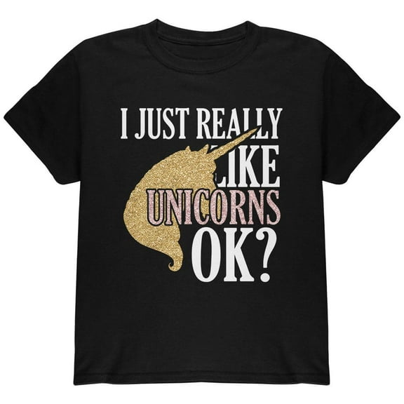 I Just Really Like Unicorns Ok Faux Glitter Youth T Shirt Black YXL
