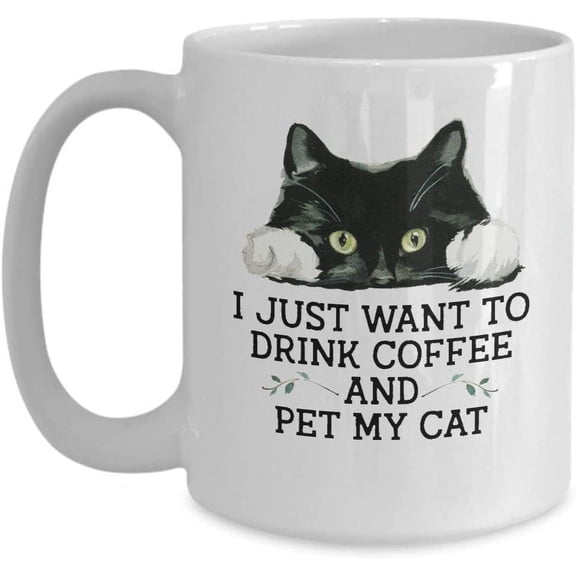 I Just Want To Drink Coffee And Pet My Cat Mug, Cute Ceramic Cat Themed Coffee Mug, Gift Idea For Cat Lady, Cat Lovers, Friends, Mom, Dad SniperUSA