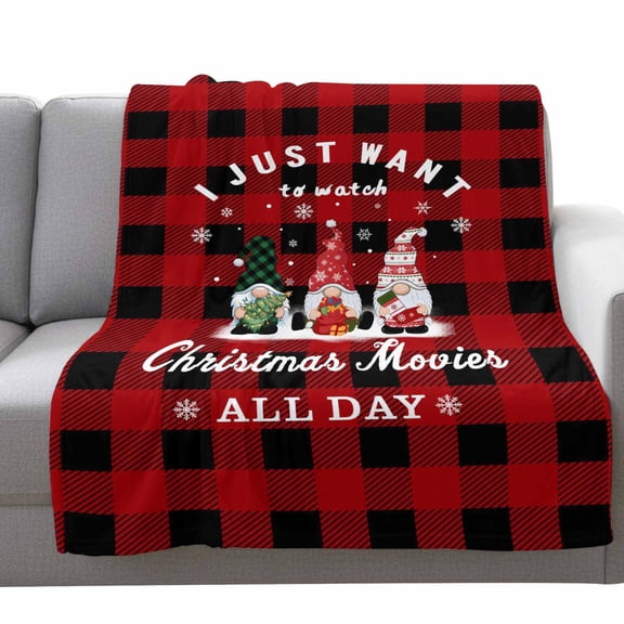 I Just Want to Watch Fleece Throw Blanket Lightweight Christmas Movie All Day Gnome Snowflakes Red Plaid Fuzzy Flannel Throws Super Soft Cozy Flannel Blanket for Couch, Sofa, Bed, Travel 50"x80"