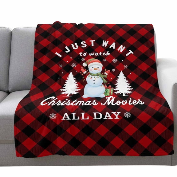 I Just Want to Watch Fleece Throw Blanket Lightweight Christmas Movie All Day Snowman White Tree Red Plaid Fuzzy Flannel Throws Super Soft Cozy Flannel Blanket for Couch, Sofa, Bed, Travel 50"x80"