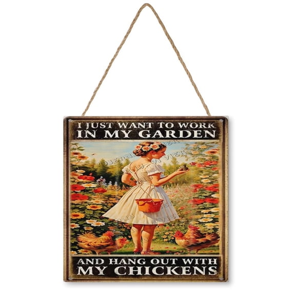 I Just Want To Work In My Garden And Hang Out With My Chickens Square Hanging Wooden Sign 12x12 Inches Farm Chicken Wood Sign for Home Kitchen Bar Coffee Shop Gift for Girl