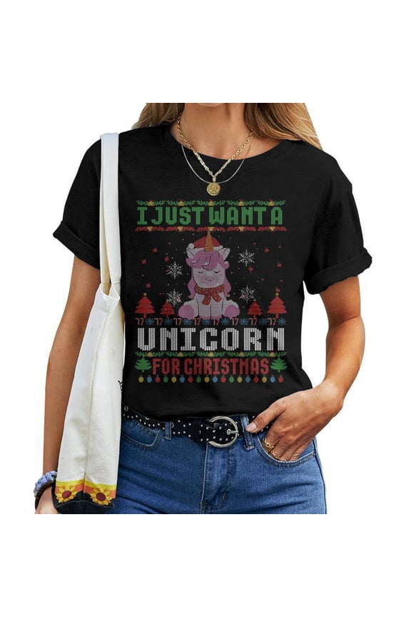 I Just Want a Unicorn Ugly Christmas Tee for Women Holiday Cotton T-Shirt for Adults Casual Winter Festive Outfit, Size 4XL, Color Black