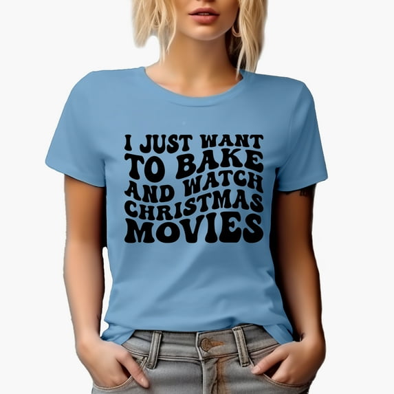 I Just Want to Bake and Watch Christmas Movies, Baking Themed, Groovy Retro Wavy Text Merch Gift, Baby Blue T-Shirt, XL