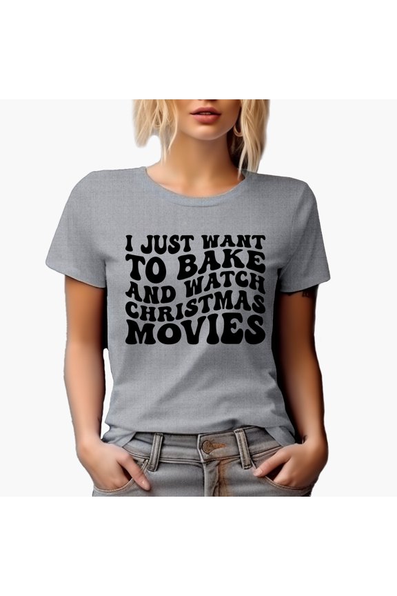 I Just Want to Bake and Watch Christmas Movies, Baking Themed, Groovy Retro Wavy Text Merch Gift, Heather Grey T-Shirt, Small