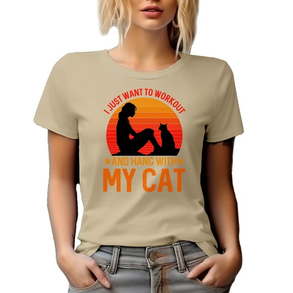 I Just Want to Workout and Hang with My Cat, Fitness Conscious Fur Parent Quote, Tan T-Shirt, XL