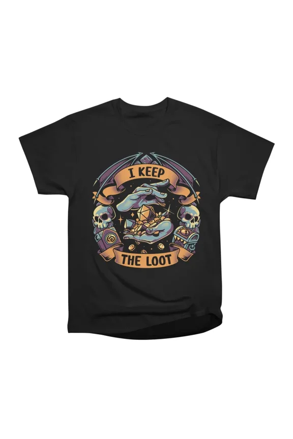 I Keep The Loot D20 Dungeons Gamer T-Shirt Tee Gift For Him Merch For Her Apparel For Frie