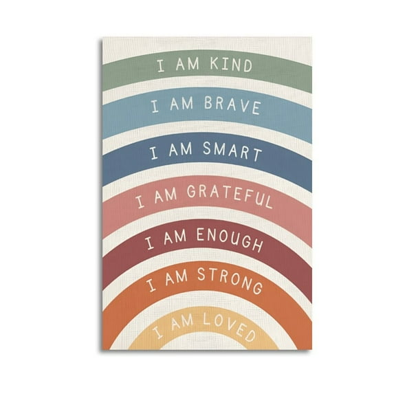 I Am Kind Brave Wall Art Poster, Boho Nursery Decor, Boho Rainbow Wall Art Decor for Kids Room Classroom Nursery Playroom Poster Wrapped Wooden Frame Wall Decor,Canvas Wall Art for Living Room,Bedroo