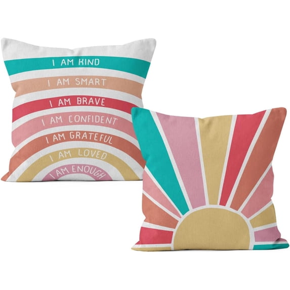 I am Kind I am Smart I am Brave Affirmations Decorative Pillowcase Throw Pillow Cover,Boho Sun Sunshine Rainbow Art for Sofa Bed Home Girls Room Dorm Decor 18 x 18 Inch Pillow Case Set of 2