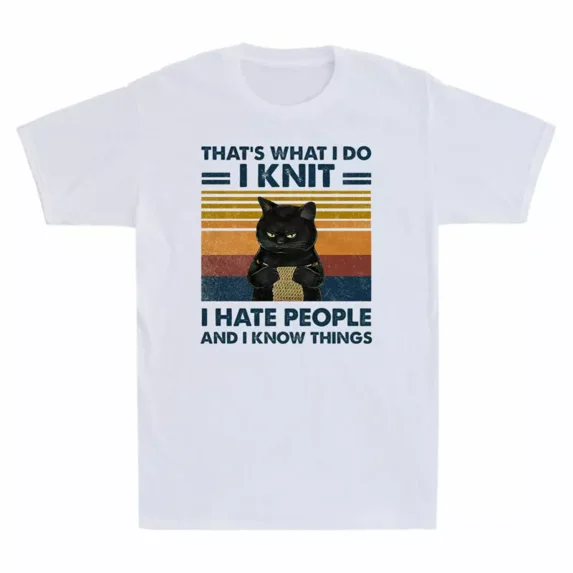 I Knit And I Hate People Funny Black Cat Knitting Vintage Quote Unisex T-Shirt