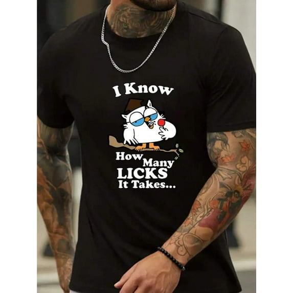 "I Know How Many Licks It Takes" Letters And Cartoon Owl Print Crew-Neck Men's Short-Sleeved T-Shirt, Slightly Stretchy, Casual And Comfortable Top, Perfect For Outdoor Fitness And Everyday Wear