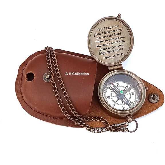 For I Know The Plans I Have for You Brass Compass with leather case -Engraved Scripture Prayer Compass Religious Gift for Men & Women - Confirmation, Communion Compass for Boys Graduation Gift