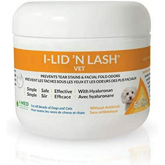 I-LID N LASH Vet Wipes Ocular Hygiene Cleanser: Prevents Tear Stains, Eliminates Facial Fold Odors, Contains Hyaluronan, Simple Daily Application, No Antibiotics Or Harmful Chemicals, 60 Wipes