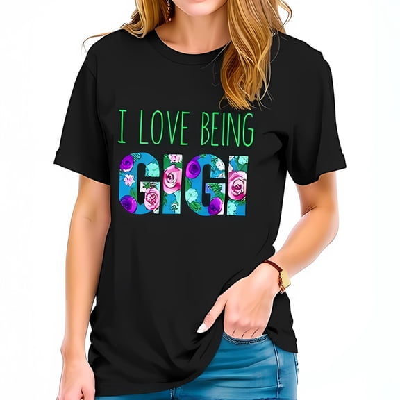 I LOVE BEING GIGI Cotton Short Sleeve T-Shirt - Vibrant Floral Pattern in Pink Purple & Blue on Teal Background