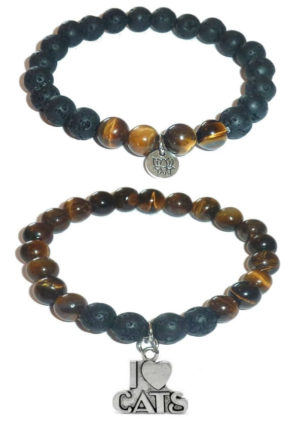 I LOVE CATS Charm Women's Tiger Eye & Black Lava Stretch Bracelet Gift Set