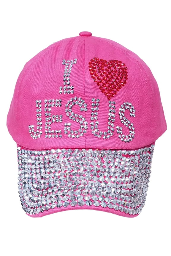"I LOVE JESUS" Bling Rhinestones Pink Baseball Cap Curved Visor Hat