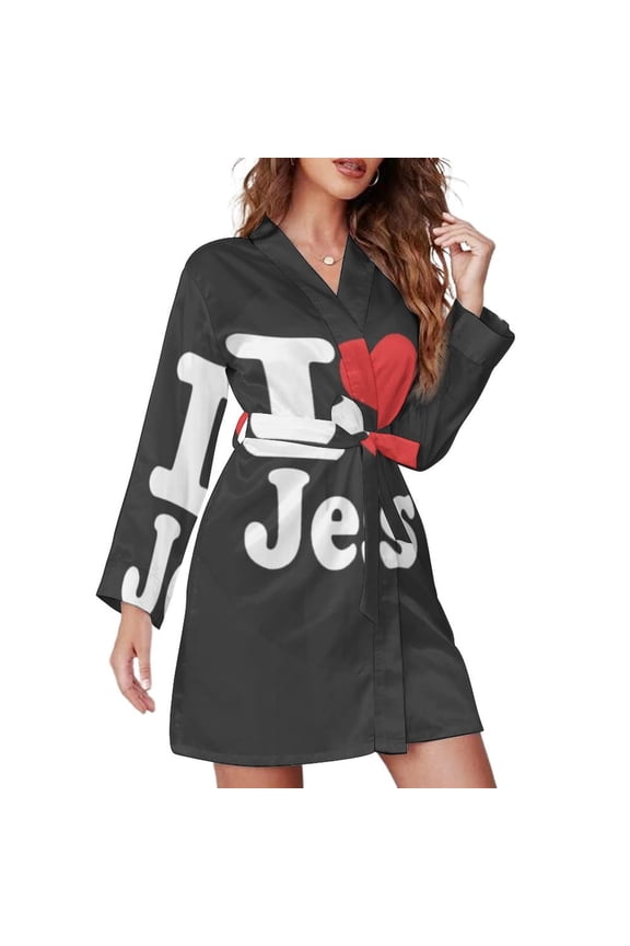 I LOVE JESUS HEART Night Robe Long Sleeve V Neck Robe With Belt Women's Sleepwear Dresses
