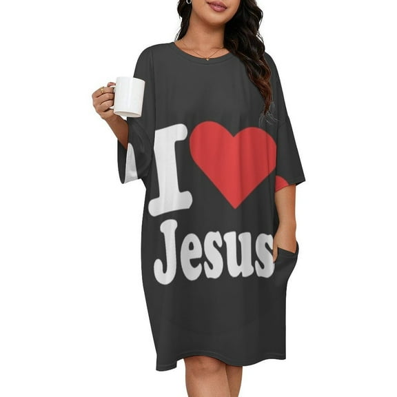 I LOVE JESUS HEART Sleepshirts For Sleeping Travels Loose Sleepdress Pajama Dress Soft Nightdress Sleepwear