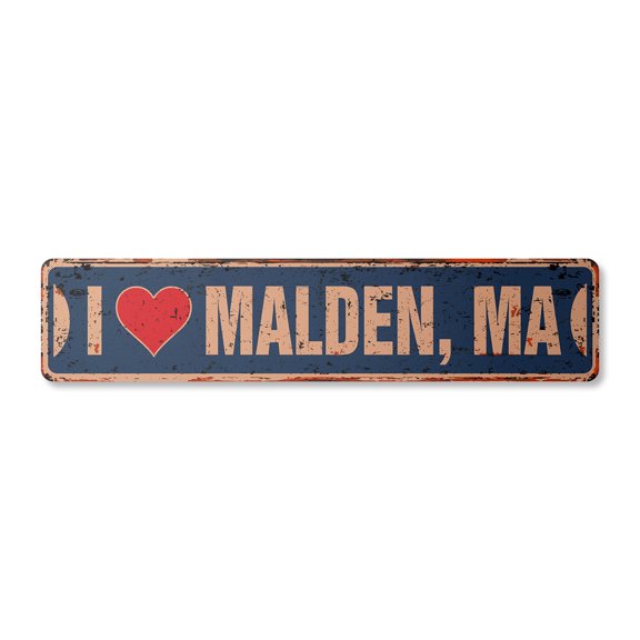 I LOVE MALDEN MASSACHUSETTS Vintage Aluminum Street Sign ma city state us wall road décor rustic metal tin gift | Indoor/Outdoor | 18" Wide