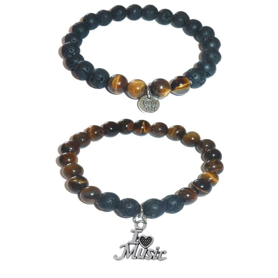 I LOVE MUSIC Charm Women's Tiger Eye & Black Lava Stretch Bracelet Gift Set