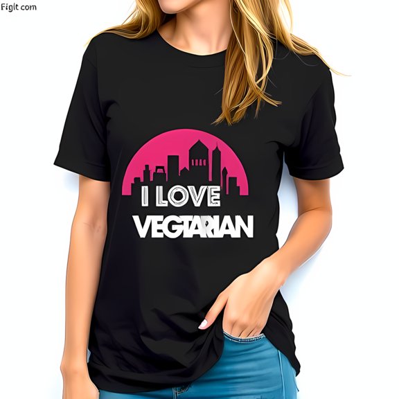 I LOVE VEGETARIAN Cotton Short Sleeve T-Shirt with Bold Text & Pink Design - Trendy Casual Wear for Plant-Based Lifestyle