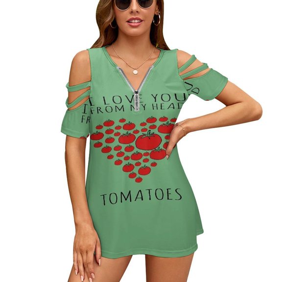 I LOVE YOU FROM MY HEAD TOMATOES Womens Summer V Neck Zipper Top Short Sleeve T Shirt Off Shoulder Top Casual Classy Loose Shirts