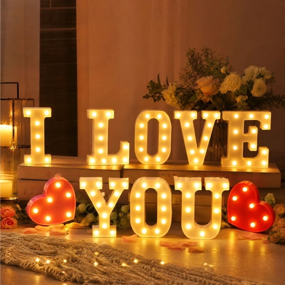 I LOVE YOU LED Letter Light Set with Heart Sign, Battery-Operated Romantic Light-Up Alphabet Display for Proposal, Wedding, Birthday, Anniversary and Party Decor