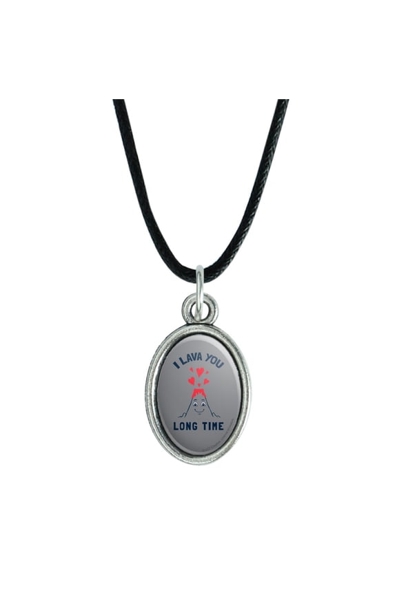 I Lava You Long Time Love Volcano Erupting Funny Humor Antiqued Oval Charm Pendant with Black Satin Cord