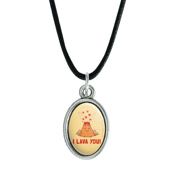 I Lava You Love Volcano Funny Humor Antiqued Oval Charm Pendant with Black Satin Cord