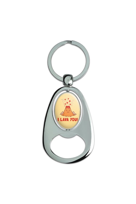 I Lava You Love Volcano Funny Humor Keychain Chrome Metal Spinning Oval Bottle Opener