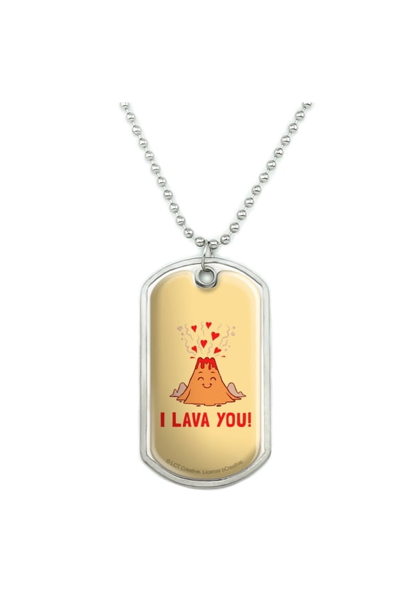 I Lava You Love Volcano Funny Humor Military Dog Tag Pendant Necklace with Chain