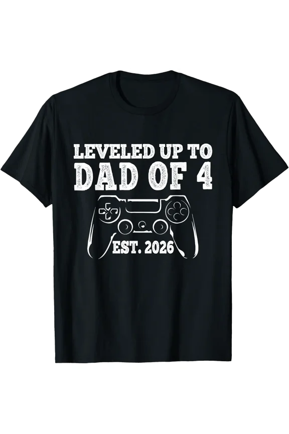 I Leveled Up to Dad of 4 2026 Promoted to Dad of Four Kids T-Shirt, Unisex T-Shirt