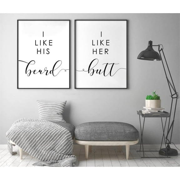 I Like his Beard, I Like her Butt Wall Art Poster Canvas Prints Set of 2 Prints Painting Picture Artwork Home Decor for Living Room Bathroom With Inner Frame