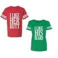 thumbnail image 1 of I Like Her But His Beared Unisex Couple Matching Cotton Jersey style T-Shirt Contrasting stripes on sleeves (Men Red / Women Green) (Men XXL / Women M), 1 of 3