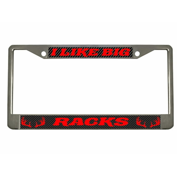 I Like Big Racks Style Metal License Plate Frame Personalized/Car Accessories Car Tag Holder Cover (Chrome/Carbon/Red)