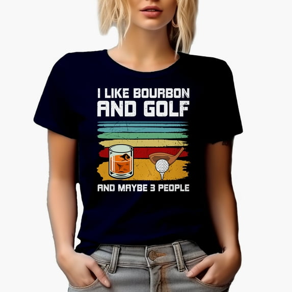 I Like Bourbon and Golf, Whiskey Lover Golf Player, Golfing or Golfer Themed Merch Gift, Navy Blue T-Shirt, 3XL