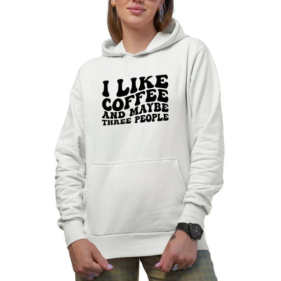 I Like Coffee and Maybe Three People, Groovy Retro Wavy Text Merch Gift, White Hooded Sweatshirt or Hoodie, Small