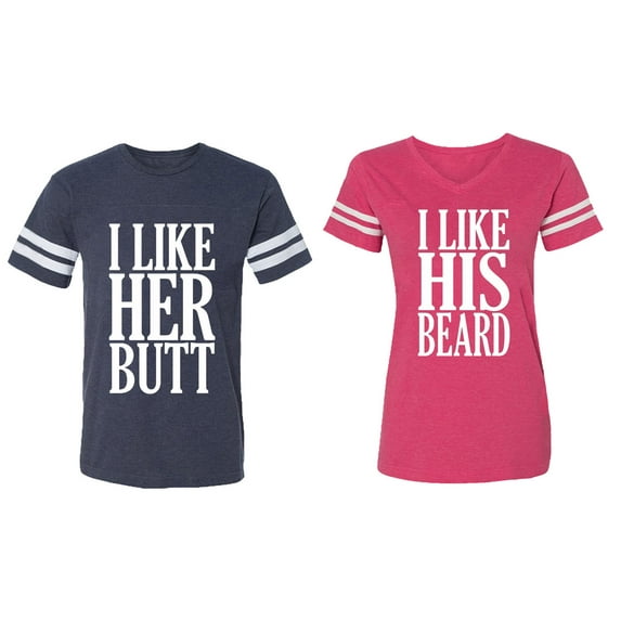 I Like Her But His Beared Matching Couple Cotton Jerseys (Men Navy / Women Pink) (Men S / Women S)