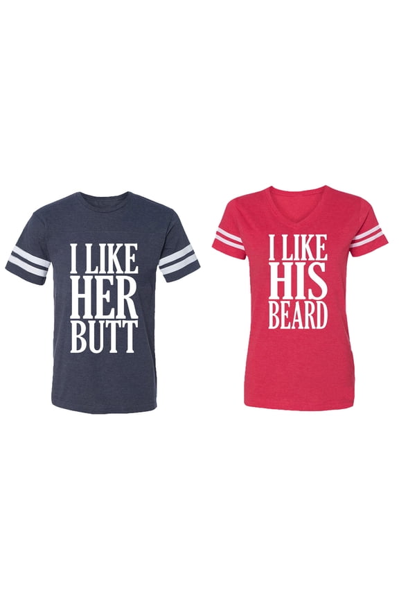 I Like Her But His Beared Matching Couple Cotton Jerseys (Men Navy / Women Red) (Men S / Women L)