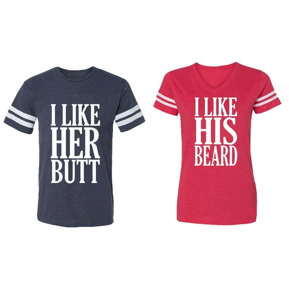 I Like Her But His Beared Matching Couple Cotton Jerseys (Men Navy / Women Red) (Men XL / Women M)