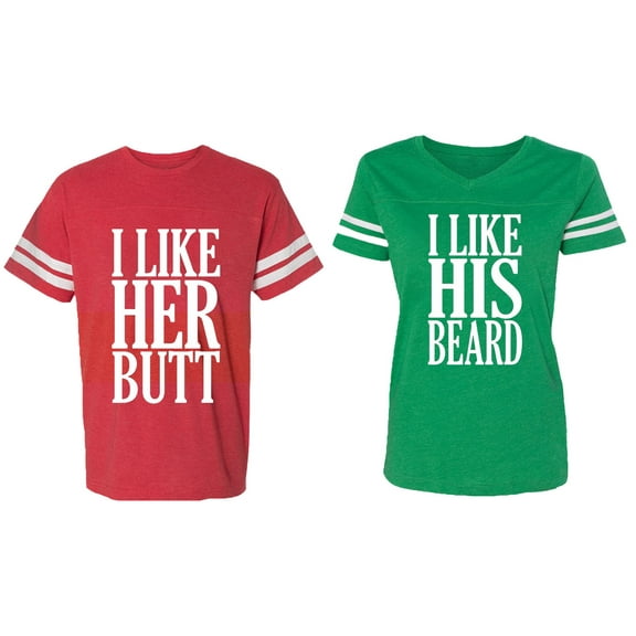 I Like Her But His Beared Matching Couple Cotton Jerseys (Men Red / Women Green) (Men M / Women L)