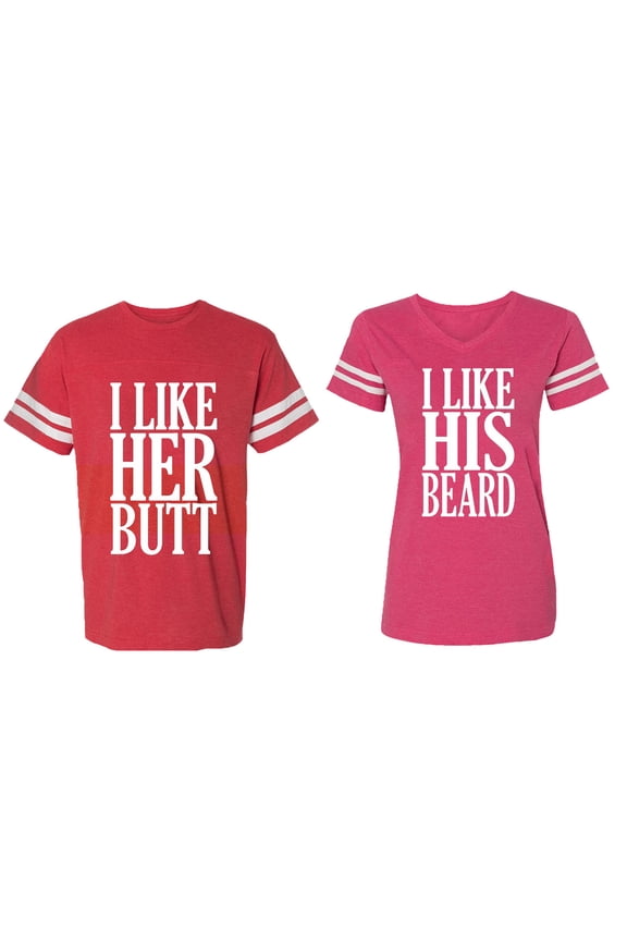 I Like Her But His Beared Matching Couple Cotton Jerseys (Men Red / Women Pink) (Men M / Women L)
