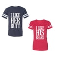 thumbnail image 1 of I Like Her But His Beared Unisex Couple Matching Cotton Jersey style T-Shirt Contrasting stripes on sleeves (Men Navy / Women Red) (Men M / Women S), 1 of 3
