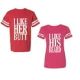 thumbnail image 1 of I Like Her But His Beared Unisex Couple Matching Cotton Jersey style T-Shirt Contrasting stripes on sleeves (Men Red / Women Pink) (Men M / Women XL), 1 of 3
