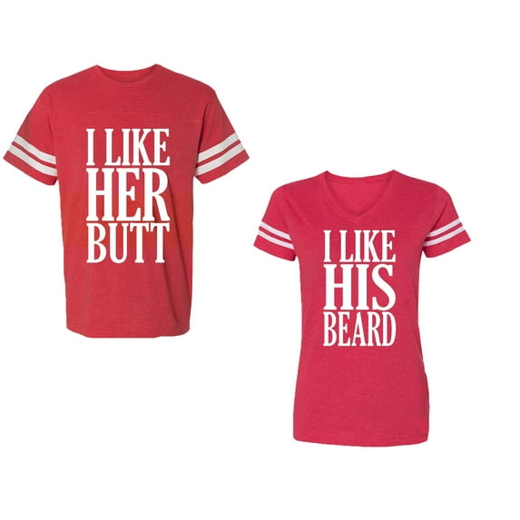 I Like Her But His Beared Unisex Couple Matching Cotton Jersey style T-Shirt Contrasting stripes on sleeves (Men Red / Women Red) (Men XL / Women M)
