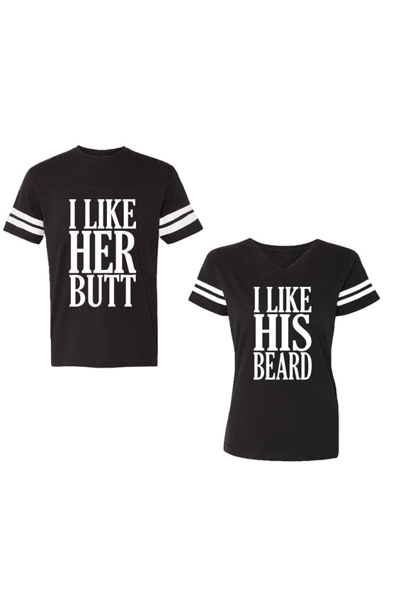 I Like Her But His Beared Unisex Couple Matching Cotton Jersey style T-Shirt Contrasting stripes on sleeves (Men Black / Women Black) (Men S / Women S)