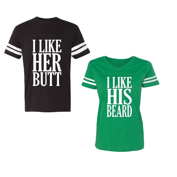 I Like Her But His Beared Unisex Couple Matching Cotton Jersey style T-Shirt Contrasting stripes on sleeves (Men Black / Women Green) (Men S / Women XL)
