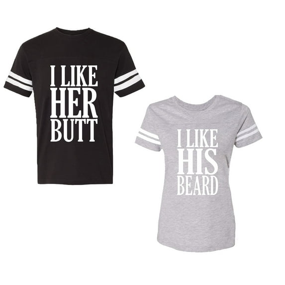 I Like Her But His Beared Unisex Couple Matching Cotton Jersey style T-Shirt Contrasting stripes on sleeves (Men Black / Women Heather) (Men L / Women S)