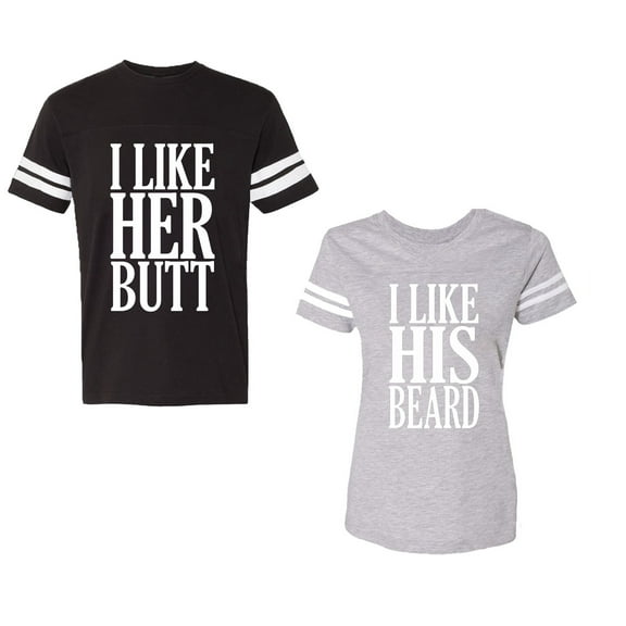 I Like Her But His Beared Unisex Couple Matching Cotton Jersey style T-Shirt Contrasting stripes on sleeves (Men Black / Women Heather) (Men L / Women XXL)