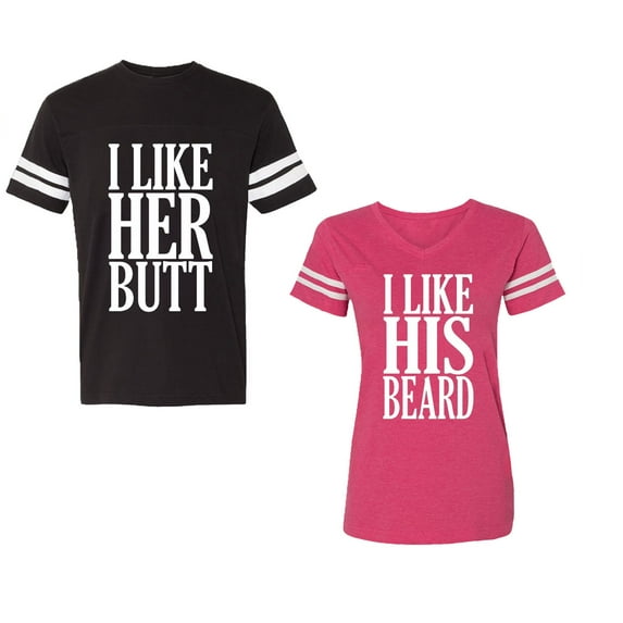 I Like Her But His Beared Unisex Couple Matching Cotton Jersey style T-Shirt Contrasting stripes on sleeves (Men Black / Women Pink) (Men L / Women L)