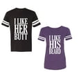 thumbnail image 1 of I Like Her But His Beared Unisex Couple Matching Cotton Jersey style T-Shirt Contrasting stripes on sleeves (Men Black / Women Purple) (Men L / Women S), 1 of 3